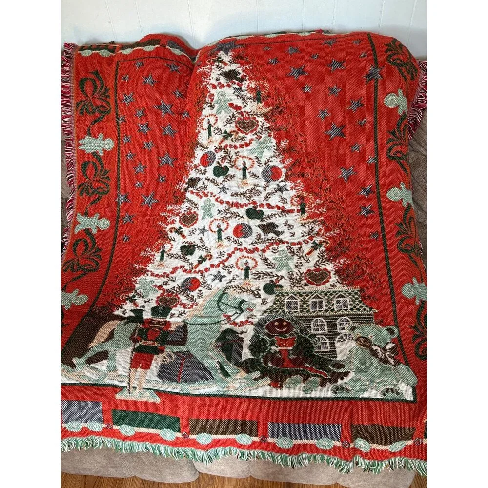 Vintage Holiday Tapestry Throw Blanket With Christmas Tree, Toys Train warm Gift